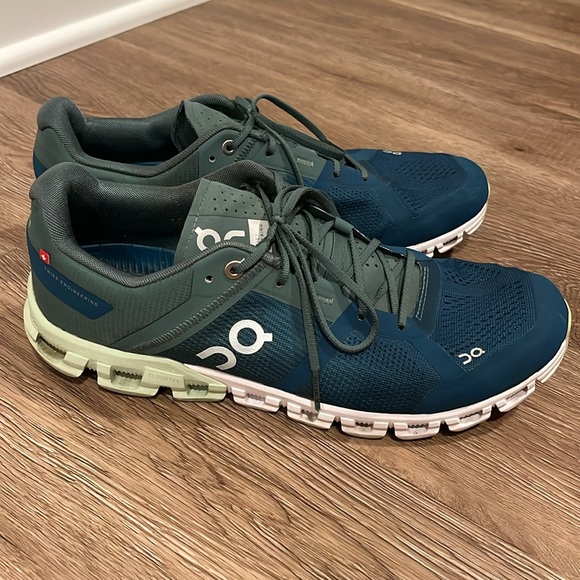 On Running Blue and Green Athletic Shoes with Cloud Cushioning - Picture 2 of 6